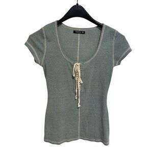 Patty Boutik Blue Lace Up Short Sleeve Blouse Size Small Contrast Stitching y2k